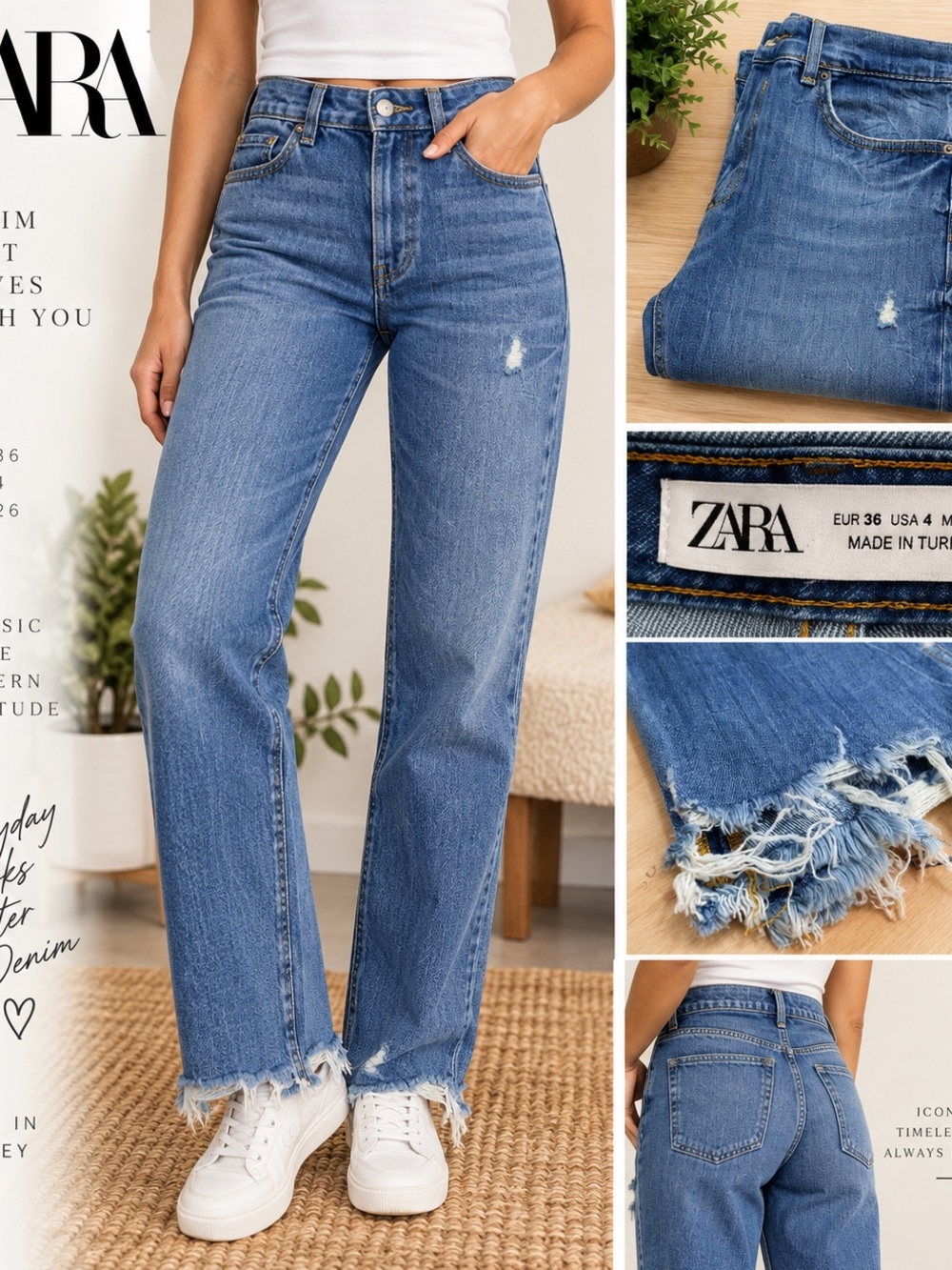 Zara Medium Blue Straight-Leg Jeans with Frayed Hem